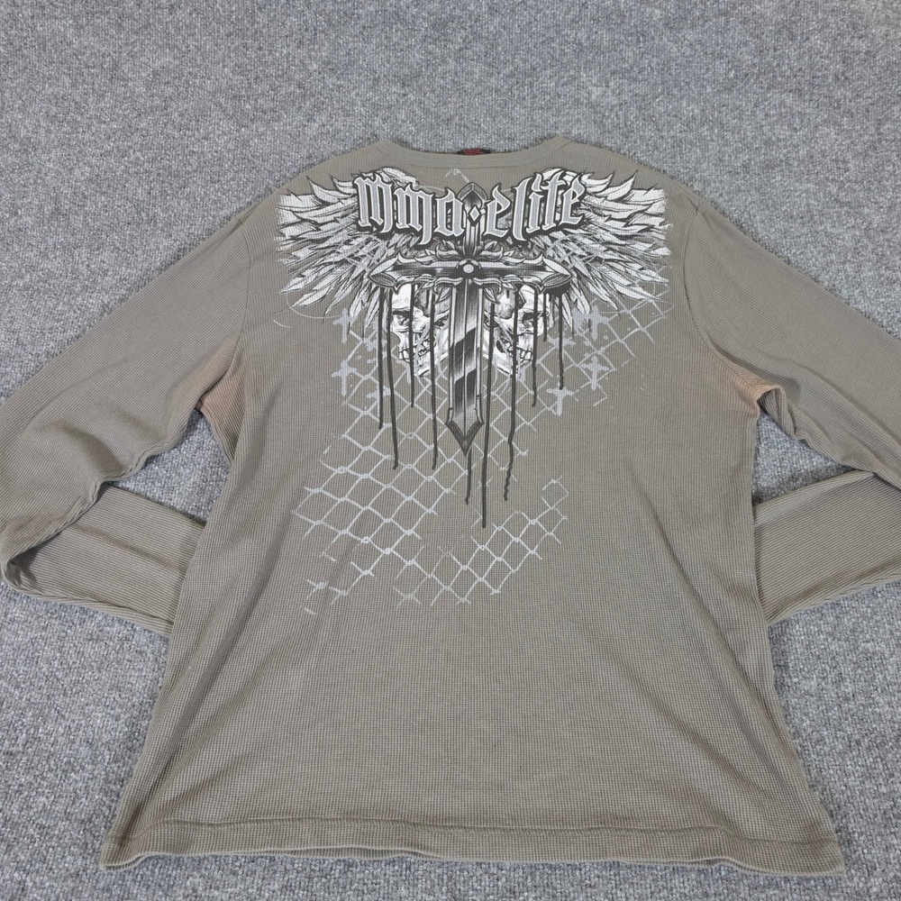 MMA Elite Mens 2XL Waffle Knit Thermal Shirt Gray Skull Graphic Y2K Affliction